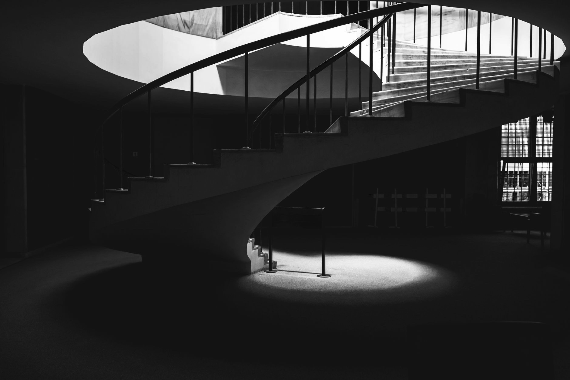 Library stairwell, black and white