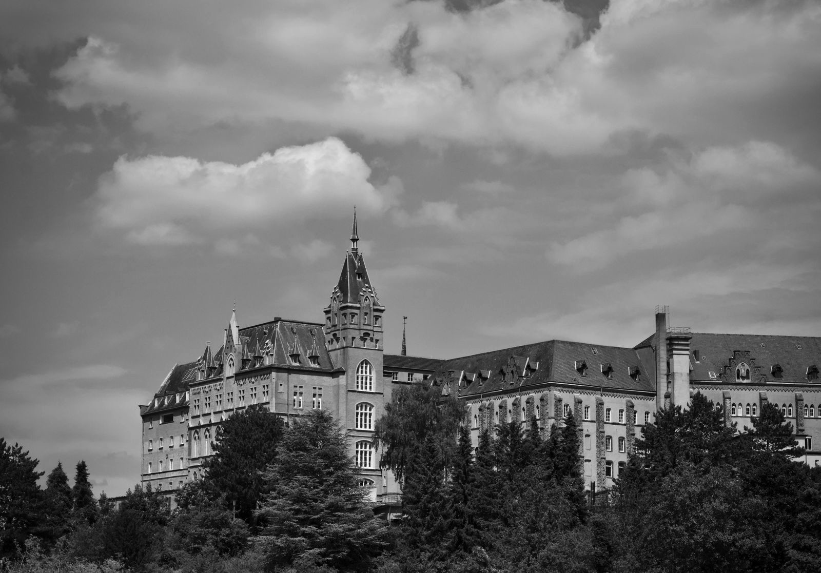 Academic building, black and white